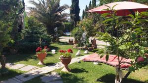 un giardino con fiori in vasi e ombrellone di Il Cipresso del Gallo a Montecatini Terme