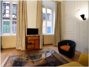 sala de estar con TV y silla en Appartement Le 22 - Colmar Centre Parking Privatif en option, en Colmar