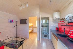 a kitchen with a sink and a table in a room at Pod Gruszą Wicie in Wicie