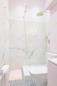 biała łazienka z prysznicem i toaletą w obiekcie Apartament Kopernik w Toruniu