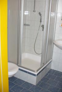 y baño con ducha, aseo y lavamanos. en Golf & Ski Appartements Lesak, en Zell am See