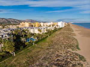 z góry widok na plażę z budynkami i palmami w obiekcie Maryvent Solo Familias Serviplaya w mieście Playa de Xeraco