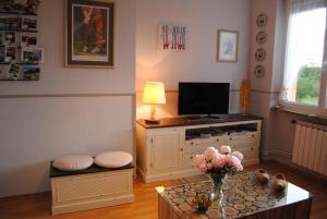 sala de estar con TV y mesa con flores en AU LOGIS DU SIMSERHOF, en Hottviller