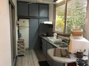 a small kitchen with a sink and a refrigerator at Le Saint Géran - A 3mn à pied de la plage et de tous commerces in La Saline les Bains