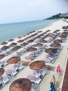 a bunch of chairs and umbrellas on a beach at Istanbul Yildiz Hotel in Marmaraereglisi