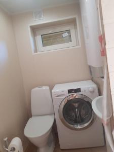 a small bathroom with a washing machine and a toilet at Advance in Narva-Jõesuu