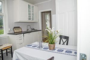 a kitchen with a table with a plant on it at lunde slusevaktarbolig in Lunde