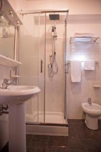 a bathroom with a shower and a sink and a toilet at Bucaneve in Pescasseroli