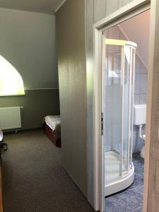 ein Bad mit einer Glasdusche im Zimmer in der Unterkunft Pension Regal in Satu Mare