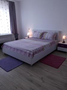 ママイアにあるStudio Sunset Violetのベッドルーム1室(ベッド1台、床に敷物2枚付)