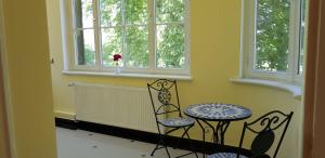 a room with a table and chairs and a window at Hotel Villa Lalee in Dresden