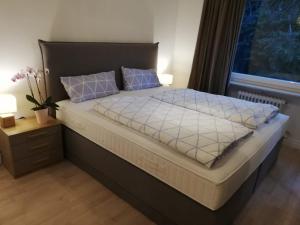 a large bed in a room with a window at Moscow Areal Suite in Baden-Baden