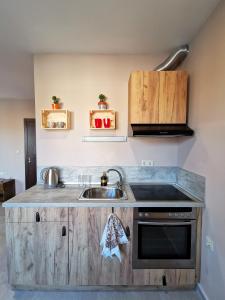 a kitchen with a sink and a stove at Kazak in Obzor