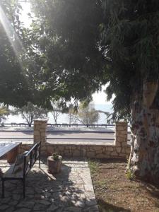 a bench sitting under a tree next to a stone wall at Holiday Tolofona Beach in Erateini