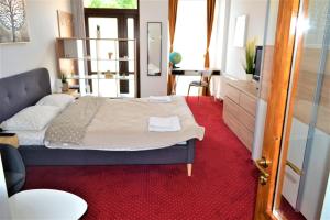 1 dormitorio con 1 cama y alfombra roja en Arcade Central Apartament, en Cluj-Napoca