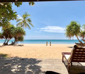 a bench on a beach with palm trees and the ocean at Moon Isle Beach Bungalow in Nilaveli +40 photos