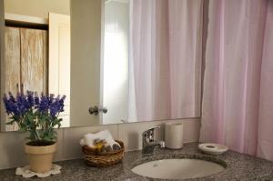 eine Badezimmerablage mit Waschbecken und Spiegel in der Unterkunft María Cristina Posada in Punta del Este