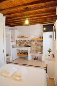 
a kitchen with a refrigerator, stove, and dishwasher at Palaios Rooms in Plaka Milou
