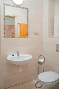 W łazience znajduje się umywalka, toaleta i lustro. w obiekcie U Bohaca w Zakopanem