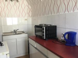 une cuisine avec un four micro-ondes sur un comptoir rouge dans l'établissement 20 Pellaweg Ferienwohnung, à Bielefeld