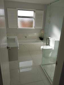 a bathroom with a shower and a toilet and a window at Delightful Petone Townhouse in Lower Hutt