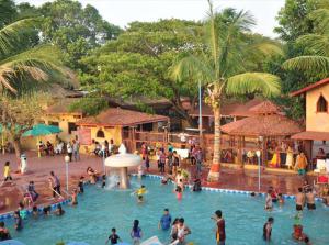 インドールにあるNakhrali Dhani Resortのウォーターパークのプールに集まった人々