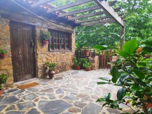 GondramazにあるCasa em Xisto na Serra da Lousã, Gondramazの木製のドアと鉢植えの植物がある屋外パティオ