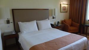 una habitación de hotel con una cama grande y una silla en Trident Agra, en Agra