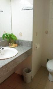 a bathroom with a sink and a toilet and a mirror at Hotel Grand Continental Kuantan in Kuantan
