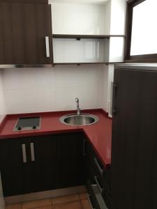a kitchen with a sink and a red counter top at Apartamentos Jardines de Lorca in Lorca
