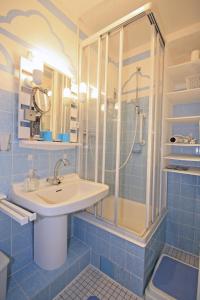 a blue bathroom with a sink and a shower at Vier Jahreszeiten 6-4 in Großenbrode