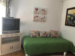 a living room with a tv and a green couch at CASA DE JULIO MARROQUIN in Pradoluengo