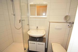 a small bathroom with a sink and a shower at Vier Jahreszeiten 2-9 in Großenbrode