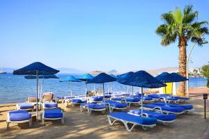 een stel stoelen en parasols op een strand bij Summer Garden Suites Beach Hotel in Bitez