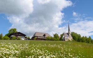 a field of flowers in front of a church at Hotel Ansitz Kematen ***S in Collalbo