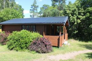 uma pequena cabana com um telhado de metal num quintal em Café Björnen em Västerås