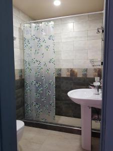un bagno con tenda da doccia e lavandino di Kobuleti a Kobuleti