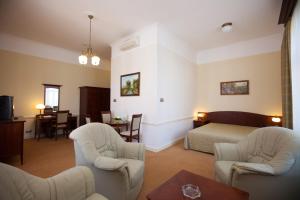 une chambre d'hôtel avec un lit, des chaises et une table dans l'établissement Arany Bárány Hotel, à Zalaegerszeg