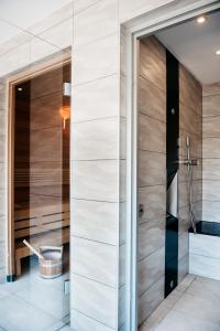 a bathroom with a shower and a glass door at Logis Hôtel Restaurant Au Lion Rouge in Bartenheim