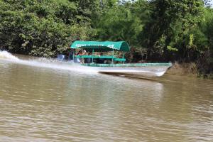 a boat traveling down a river on a sunny day at Hotel Nueva Alianza in Frontera Corozal