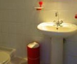 a bathroom with a white sink and a red trash can at Villa Sofia in Limenaria