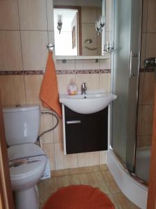 a bathroom with a toilet and a sink and a shower at Pokoje Gościnne Słoneczko in Kąty Rybackie