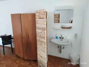 un bagno con parete in legno accanto a un lavandino di Il torchio antico ad Arzo Altre 37 foto