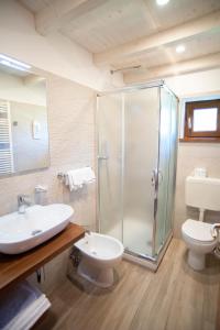 bagno con doccia, lavandino e servizi igienici di Albergo Bucaneve a Pievepelago