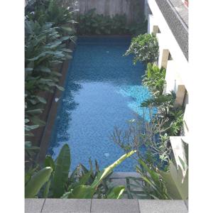 a swimming pool with blue water in a garden at Mom's Corner in Malang