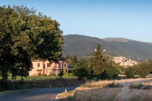 une route avec une maison sur le côté d'une montagne dans l'établissement Bed & Breakfast Al Pian d'Assisi, à Assise