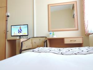 1 dormitorio con cama, espejo y TV en Acikgoz Hotel, en Edirne