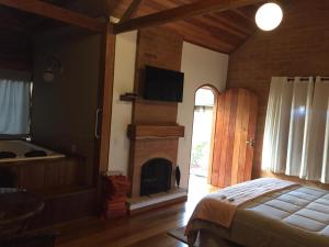 a bedroom with a fireplace and a bed and a television at Pousada Villa do Luar in Monte Verde