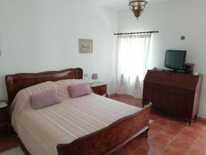 ein Schlafzimmer mit einem Bett mit zwei Kissen und einem TV in der Unterkunft Invorio La Corte in Invorio Inferiore