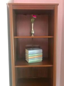 een boekenplank met boeken en een bloem in een vaas bij Apartments Ivanišević in Kotor
